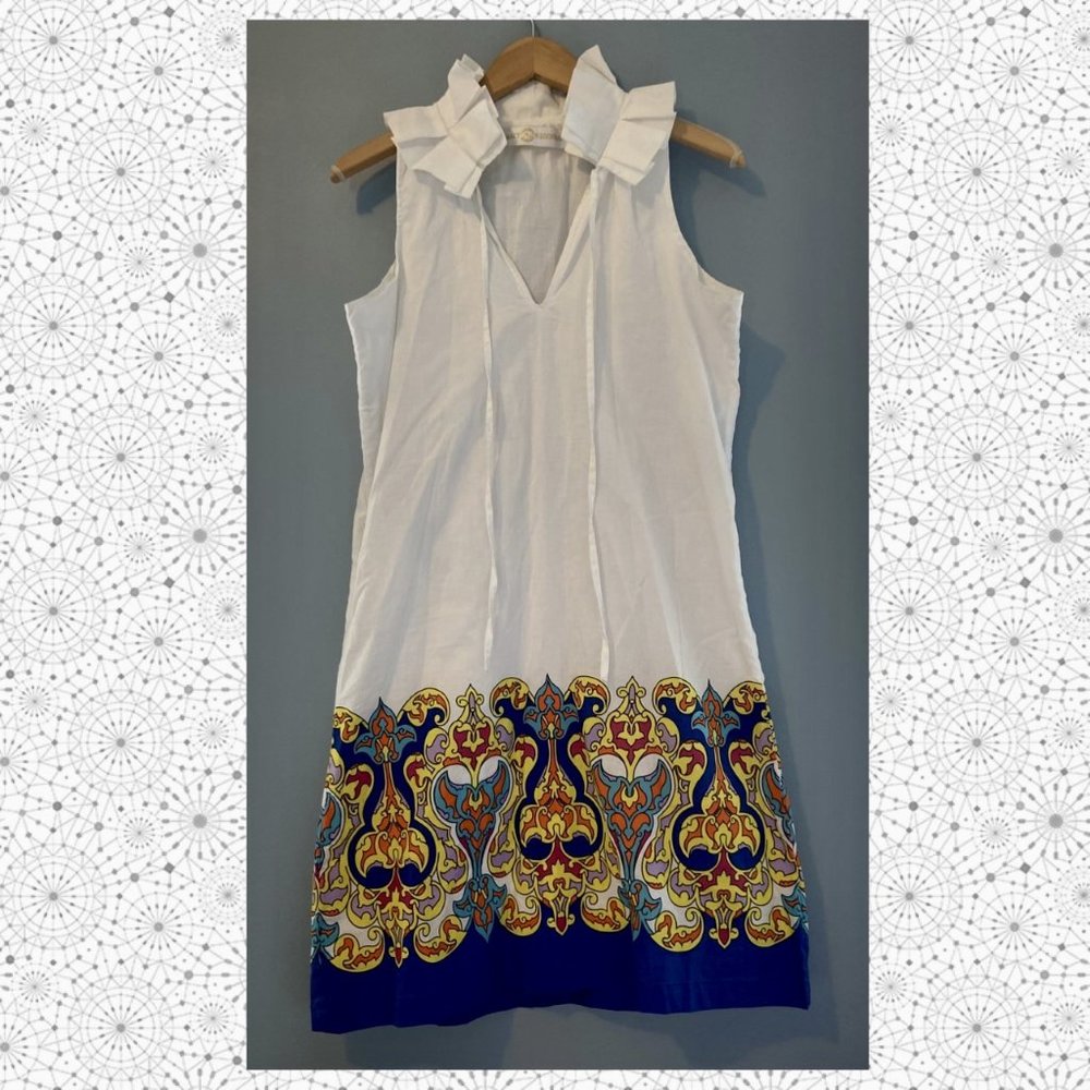 Tracy Negoshian Sleeveless Ruffle Neck 100% Cotton Lined Midi Dress Size Medium